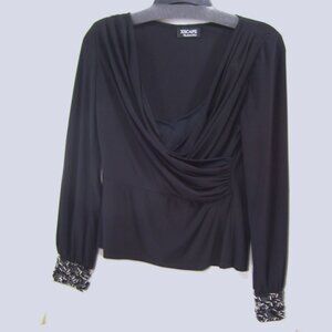 Xscape Top Blouse Rich Black Long Sleeve Bling Evening Party